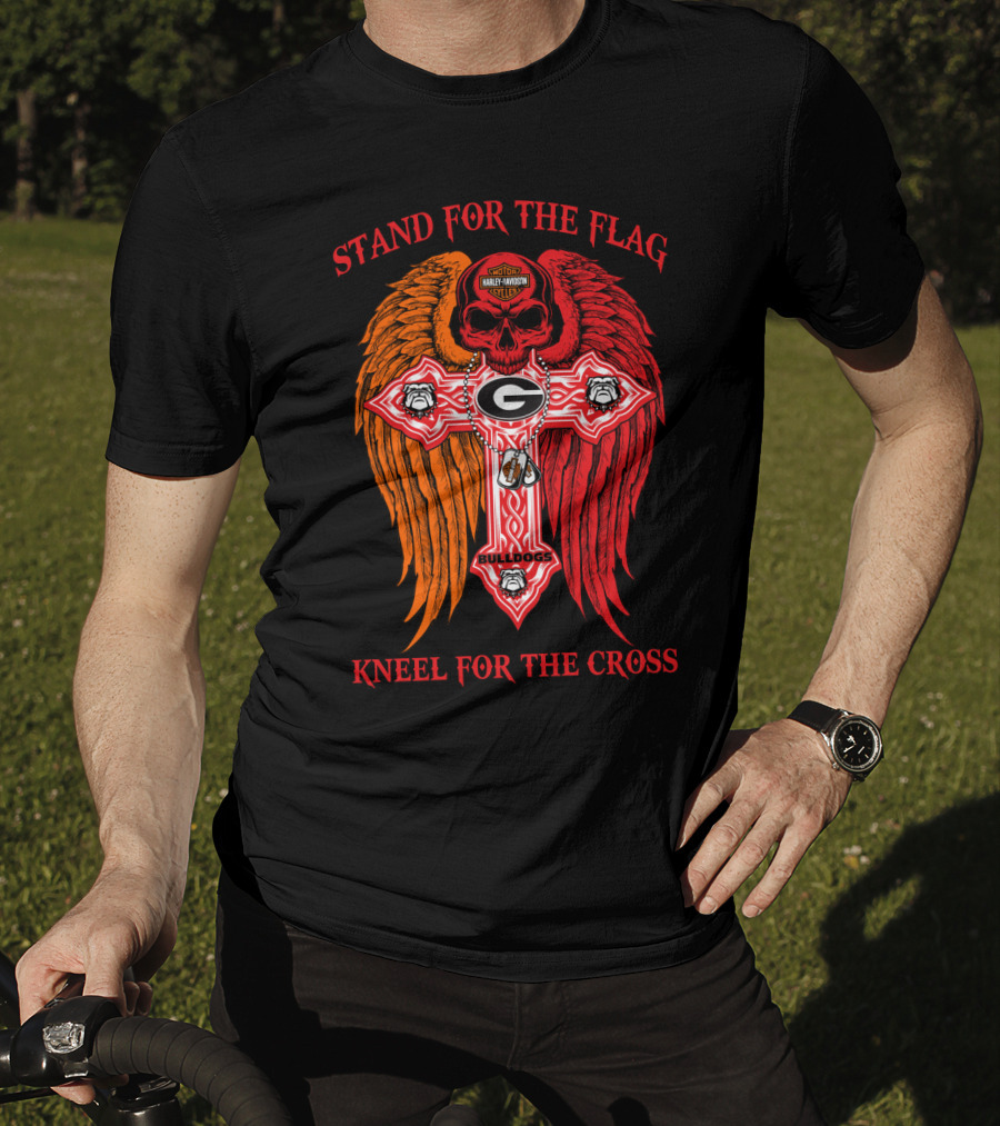 Stand For The Flag Kneel For The Cross Georgia Bulldogs Harley Davidson Riding Skull With Wings T-Shirt