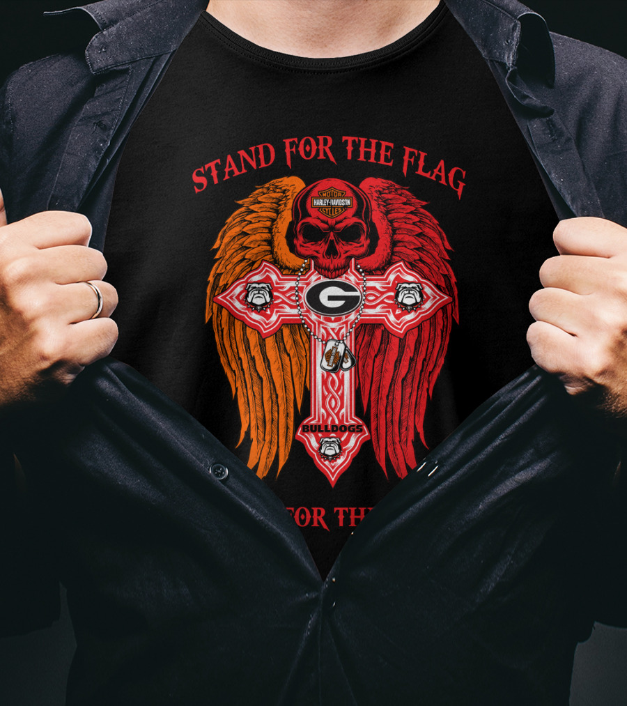 Stand For The Flag Kneel For The Cross Georgia Bulldogs Harley Davidson Riding Skull With Wings T-Shirt