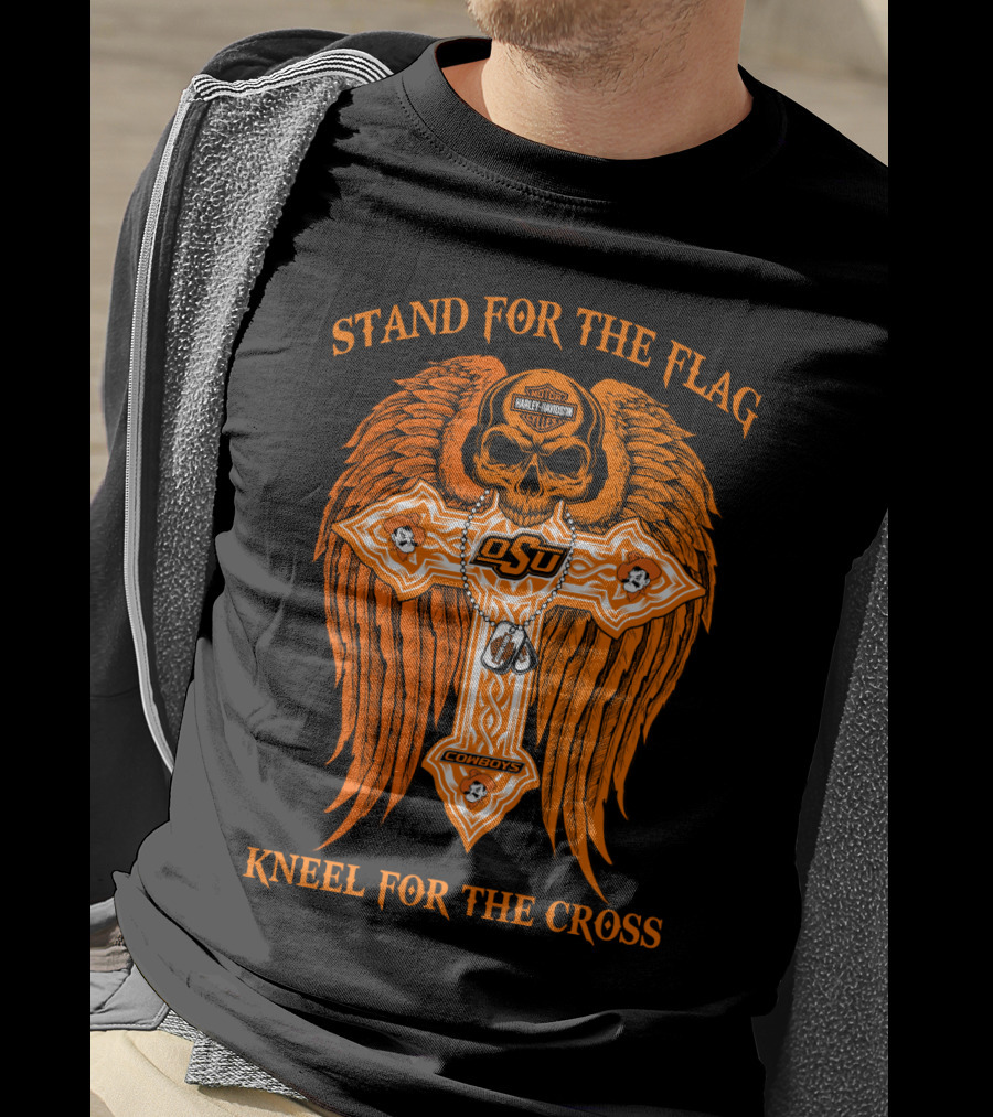 Stand For The Flag Kneel For The Cross Oklahoma State Cowboys Skull Cross T-Shirt