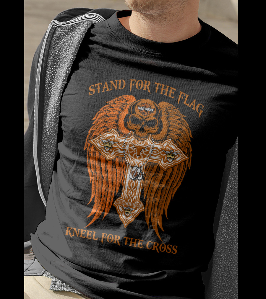 Stand For The Flag Kneel For The Cross Texas Longhorns Skull Wings Cross T-Shirt