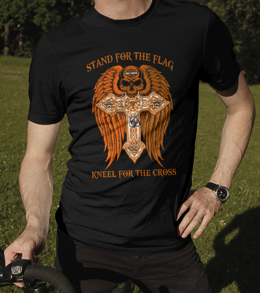 Stand For The Flag Kneel For The Cross Texas Longhorns Skull Wings Cross T-Shirt