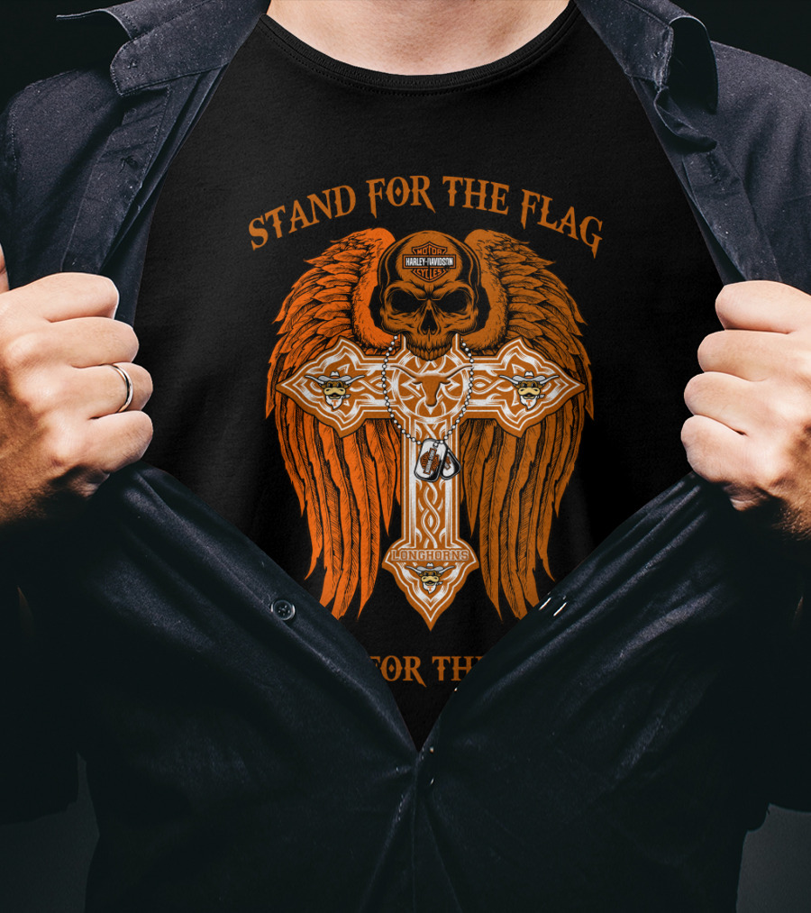 Stand For The Flag Kneel For The Cross Texas Longhorns Skull Wings Cross T-Shirt