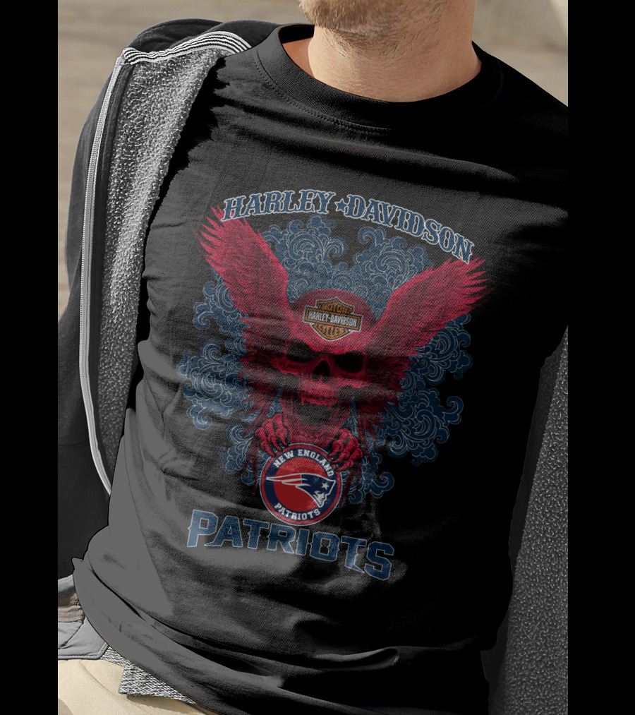 Harley Davidson New England Patriots Nfl Skulls And Wings T-Shirt