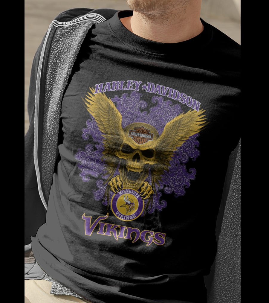 Harley Davidson Minnesota Vikings Skull Wings T-Shirt