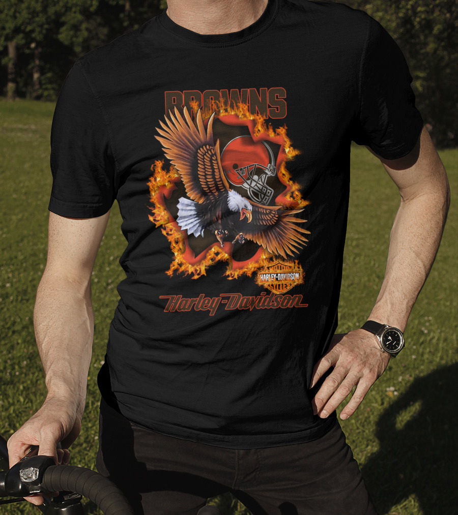 Browns Harley Davidson Nfl 84 Cleveland Browns Eagle Helmet Flames T-Shirt