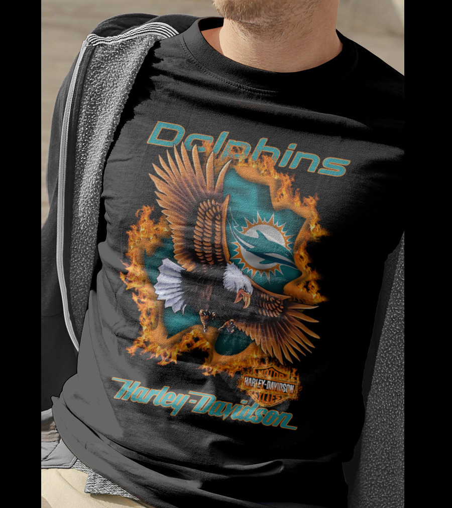 Miami Dolphins Harley Davidson Nfl 84 Bald Eagle Flames T-Shirt