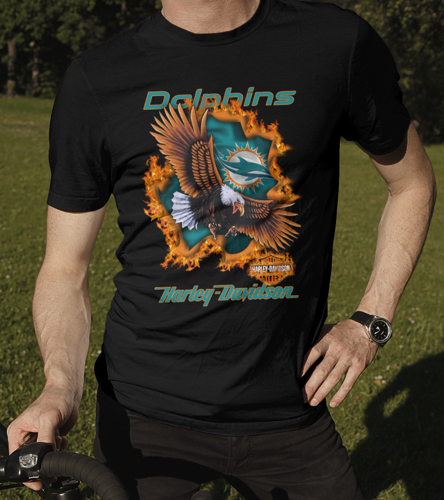 Miami Dolphins Harley Davidson Nfl 84 Bald Eagle Flames T-Shirt