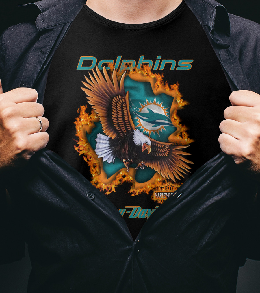 Miami Dolphins Harley Davidson Nfl 84 Bald Eagle Flames T-Shirt