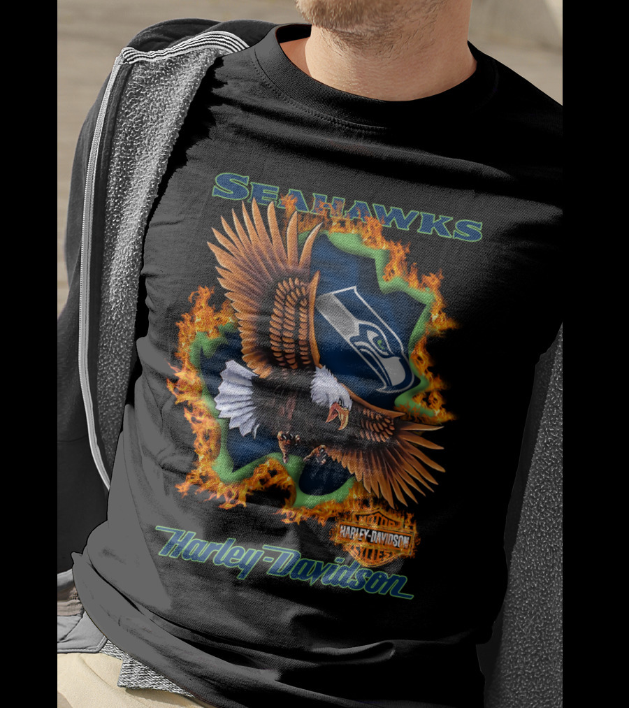 Seahawks Harley Davidson Nfl 84 Seattle Eagle Flame T-Shirt