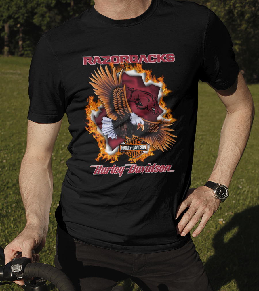 Razorbacks Harley Davidson Cycles Eagle And Flame T-Shirt