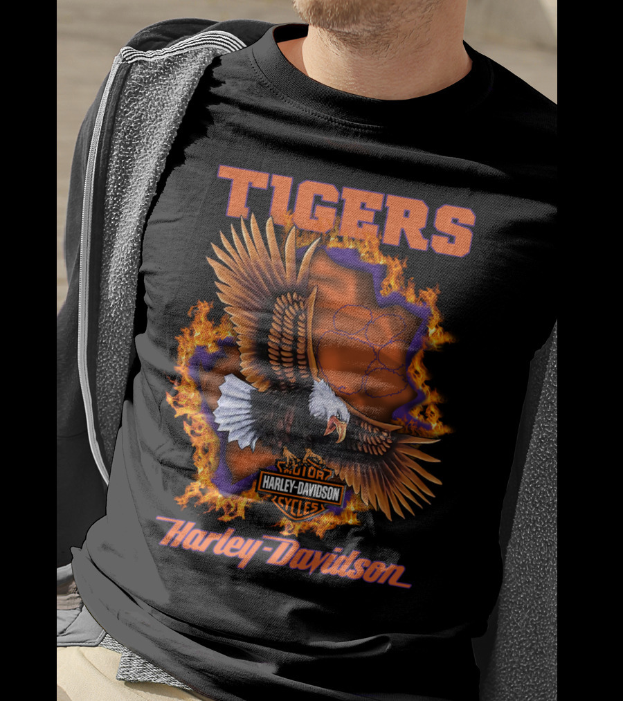 Tigers Harley Davidson Cycles Eagle Flames T-Shirt