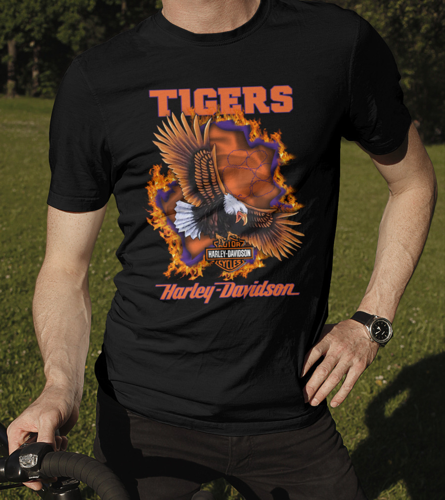 Tigers Harley Davidson Cycles Eagle Flames T-Shirt