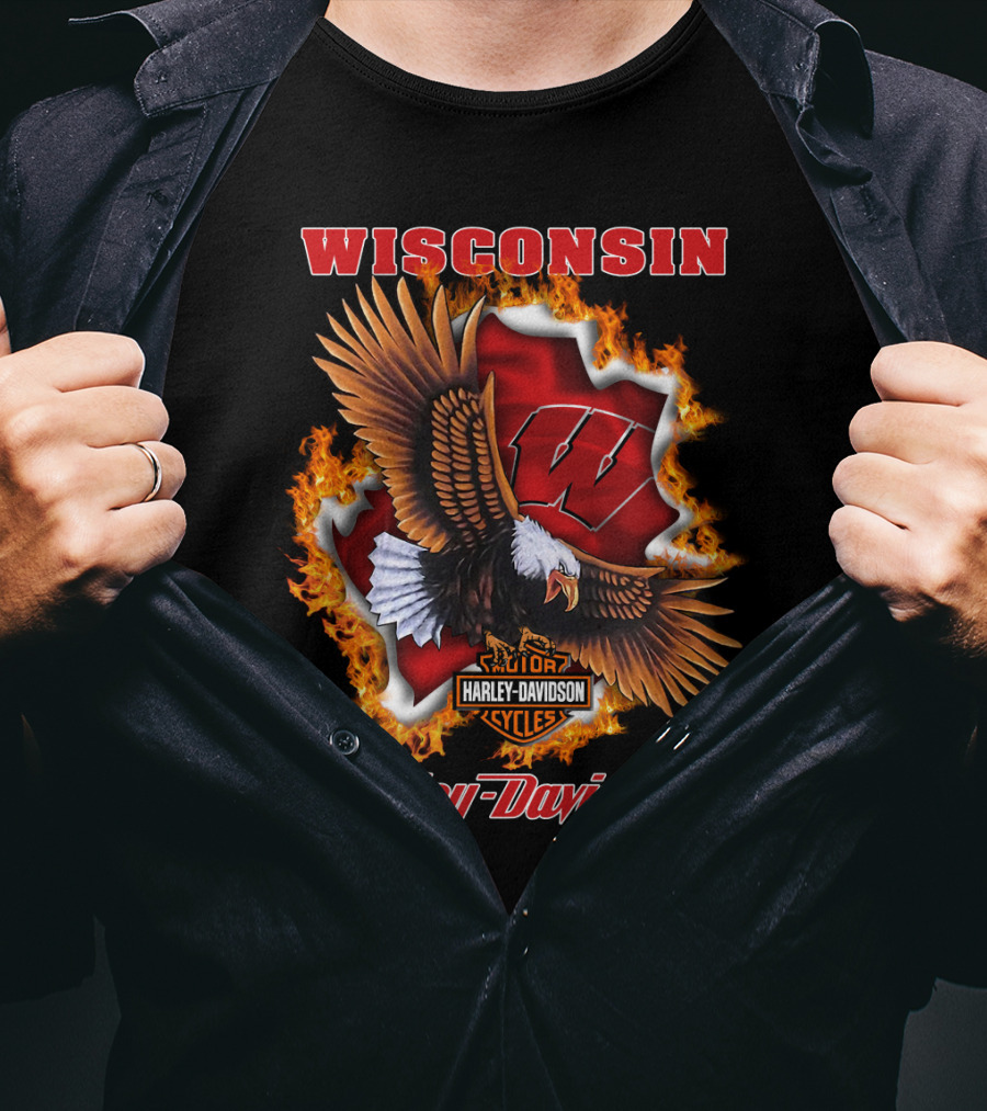 Wisconsin Harley Davidson Ncaa Badgers Flames Eagle T-Shirt