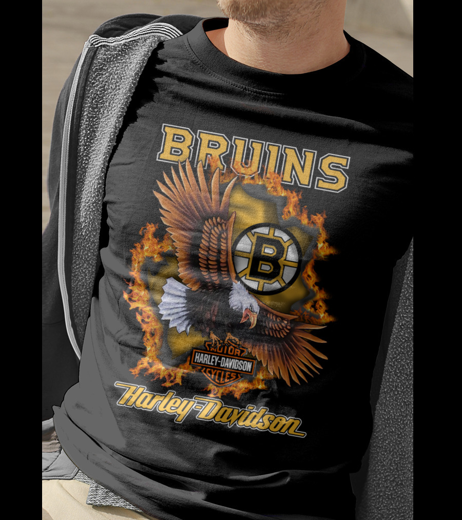 Boston Bruins Harley Davidson Cycles Eagle Flames T-Shirt