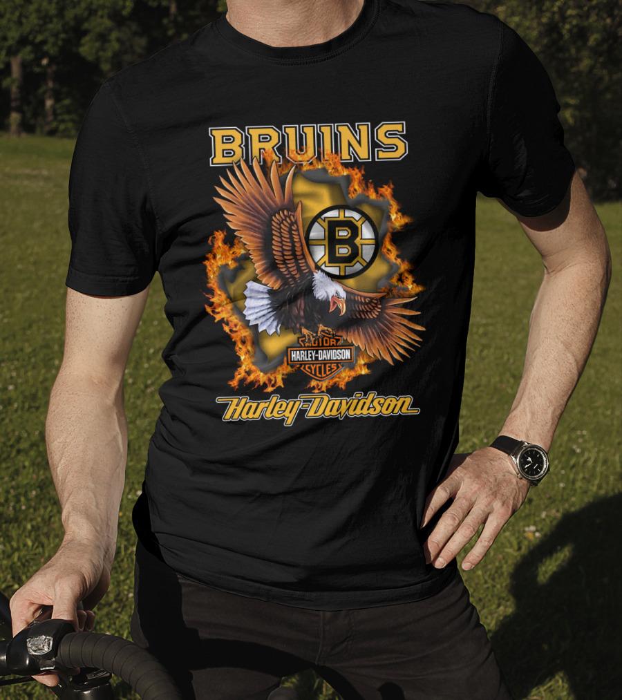 Boston Bruins Harley Davidson Cycles Eagle Flames T-Shirt