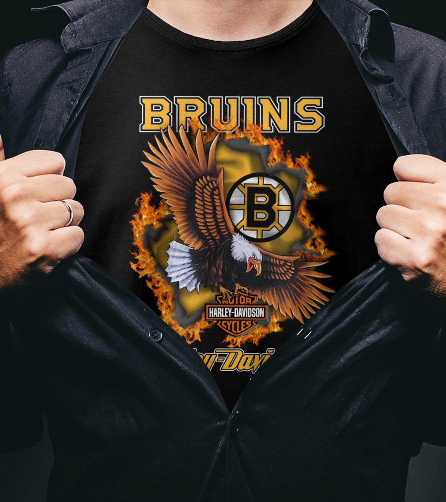 Boston Bruins Harley Davidson Cycles Eagle Flames T-Shirt