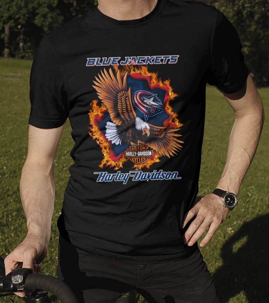 Blue Jackets Harley Davidson Columbus Nhl Cycles Eagle Flame T-Shirt