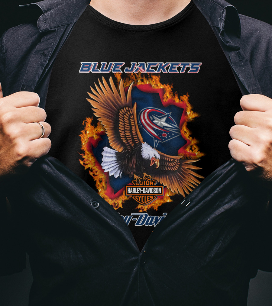 Blue Jackets Harley Davidson Columbus Nhl Cycles Eagle Flame T-Shirt