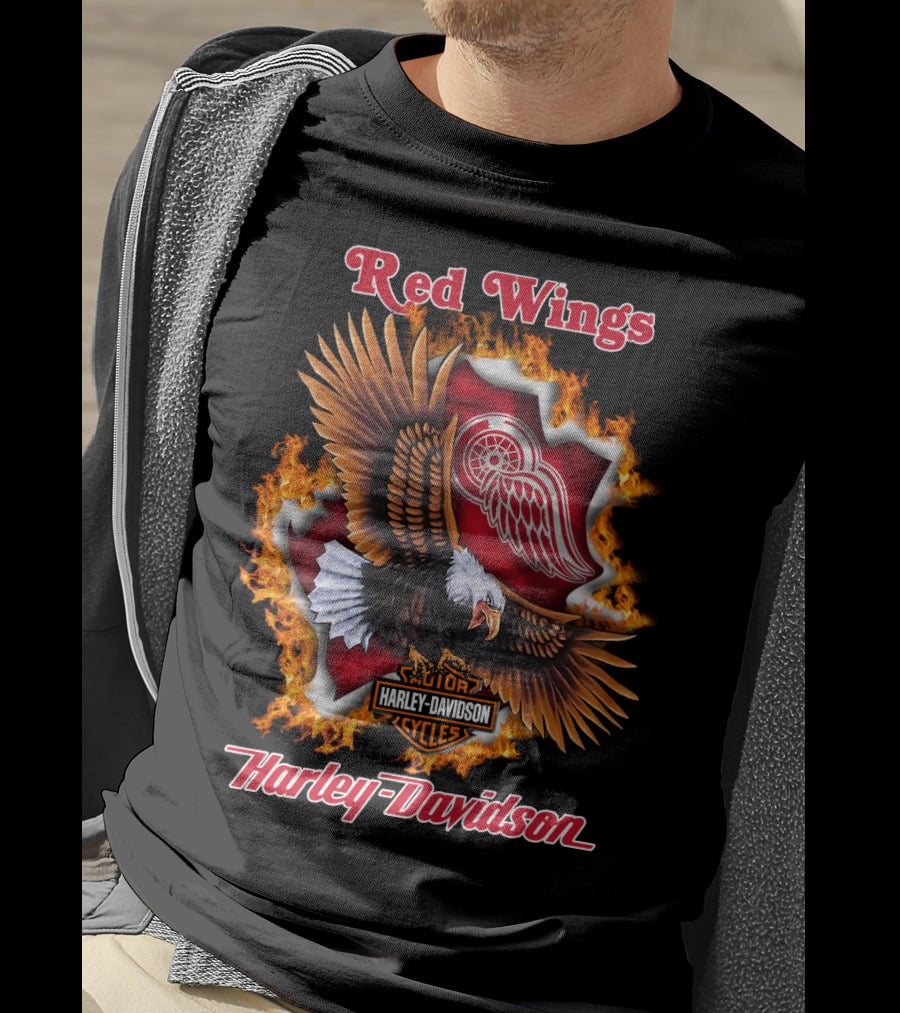 Red Wings Harley Davidson Detroit Nhl Eagle Logo Flames T-Shirt