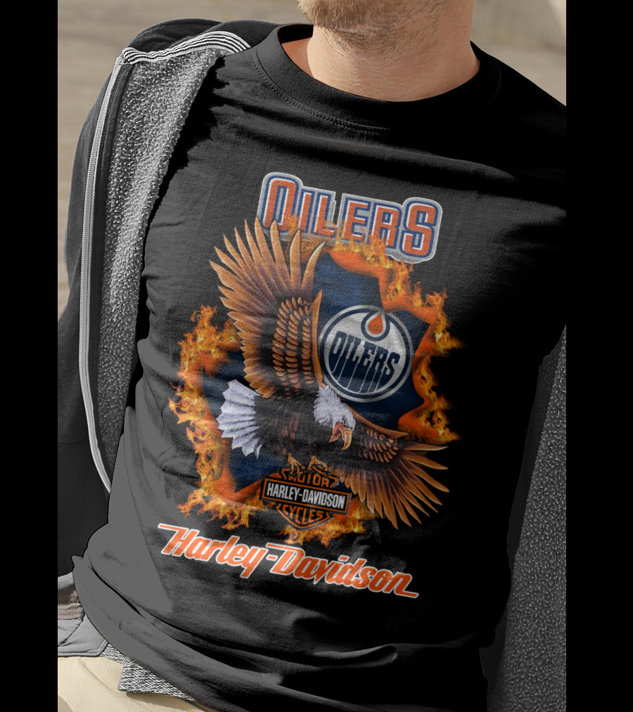 Oilers Edmonton Oilers Harley Davidson Cycles Eagle Flame T-Shirt