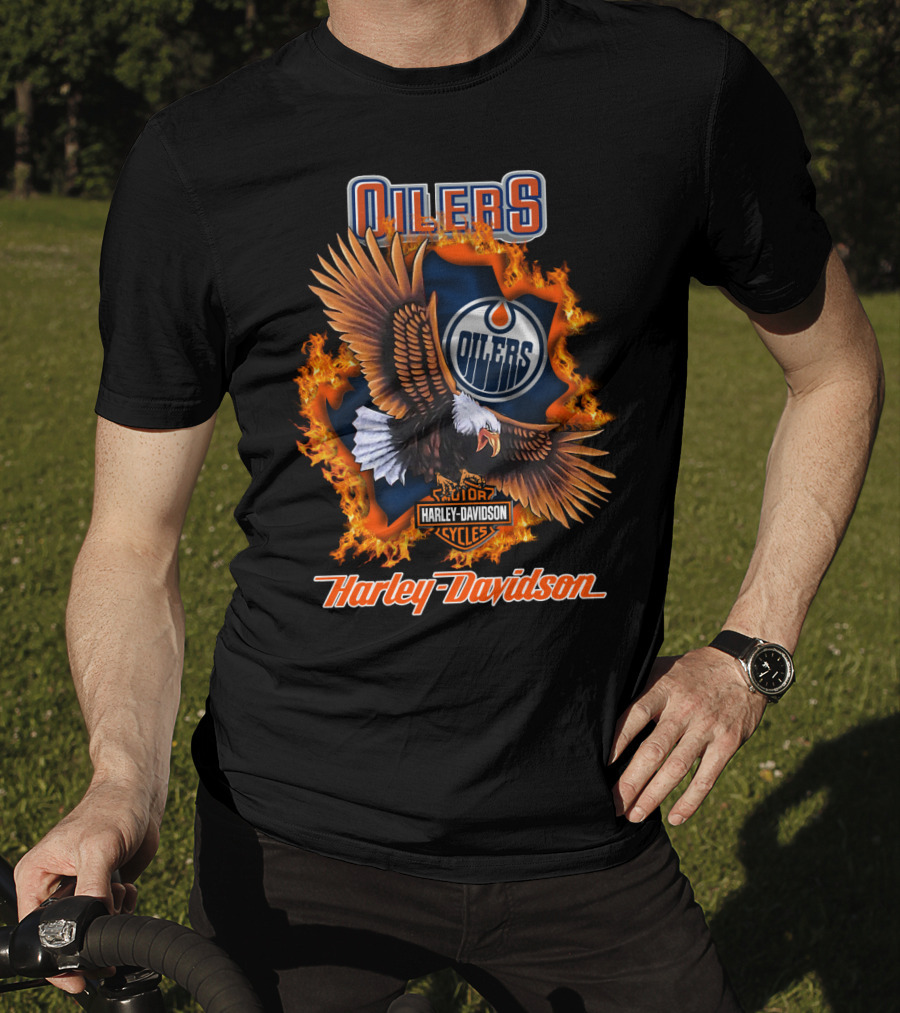 Oilers Edmonton Oilers Harley Davidson Cycles Eagle Flame T-Shirt