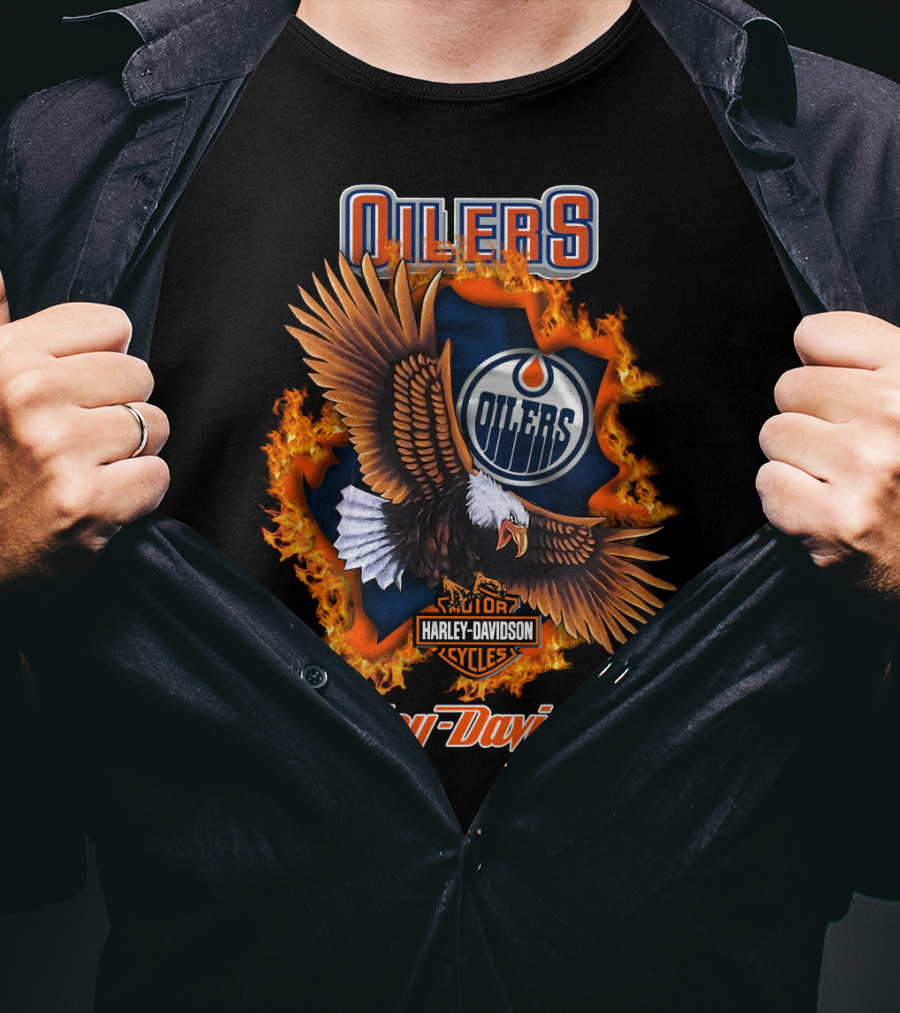 Oilers Edmonton Oilers Harley Davidson Cycles Eagle Flame T-Shirt