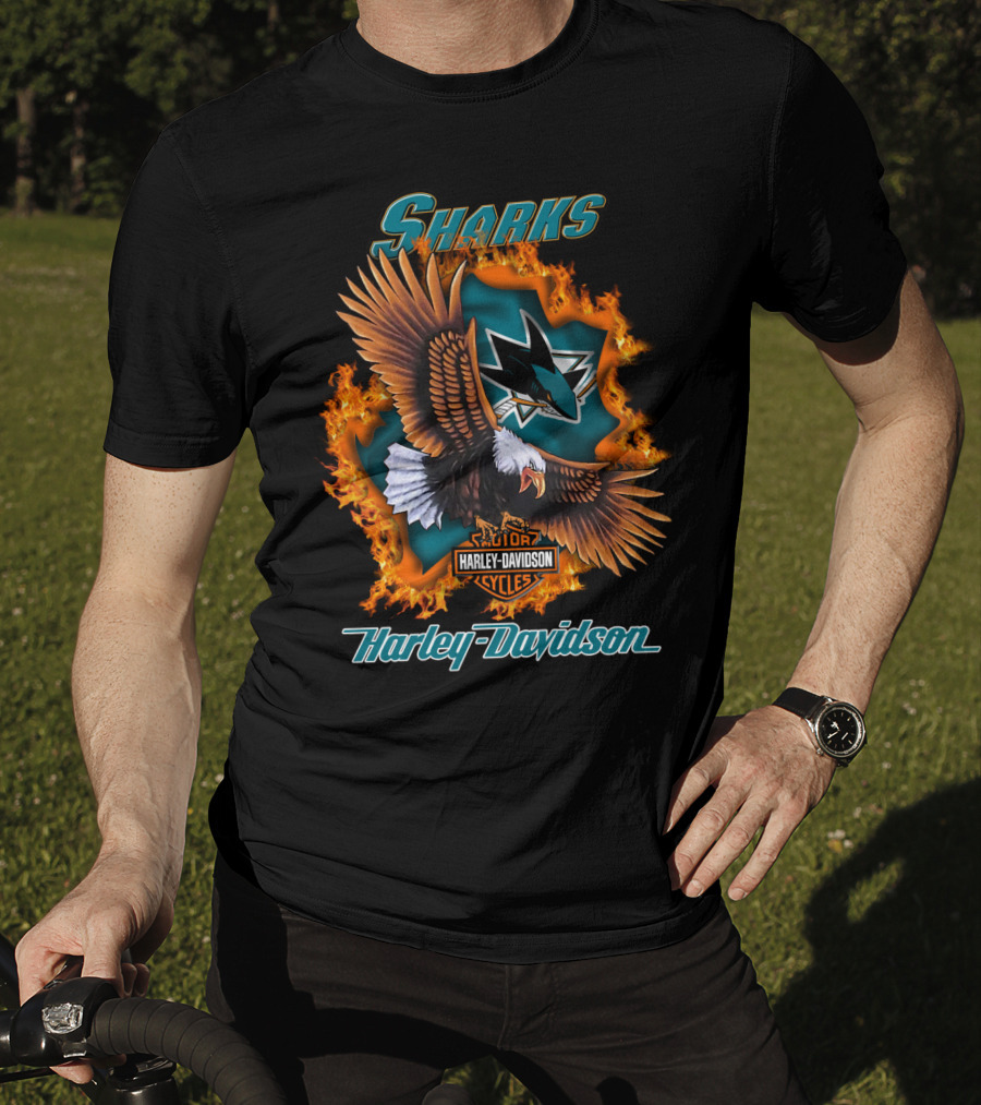 San Jose Sharks Harley Davidson Cycles Eagle Flame T-Shirt
