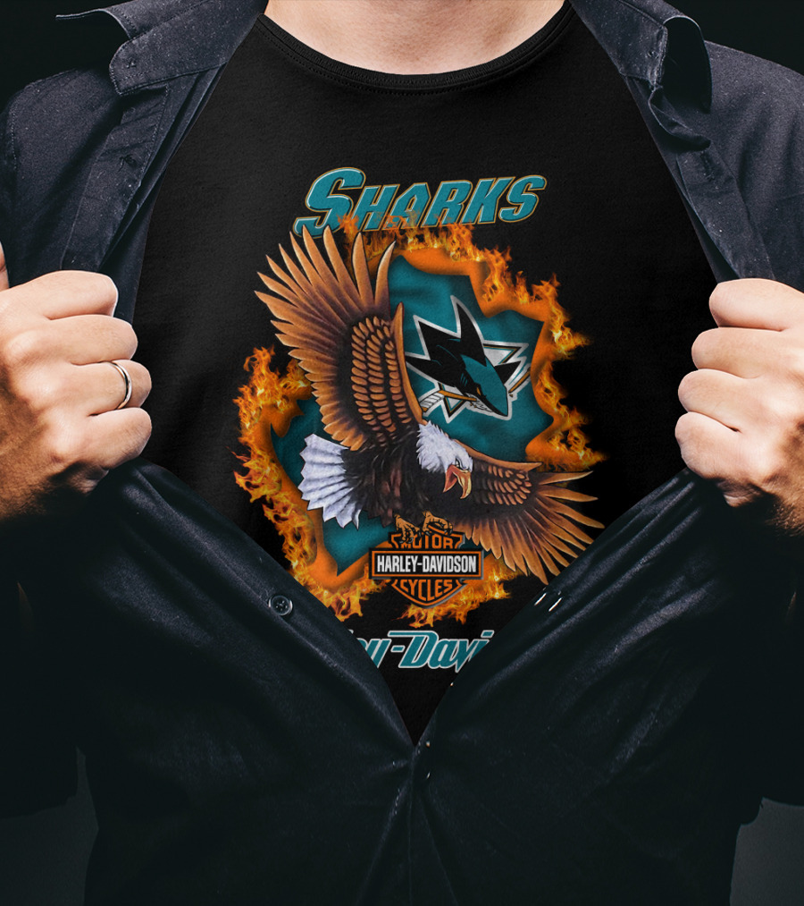 San Jose Sharks Harley Davidson Cycles Eagle Flame T-Shirt