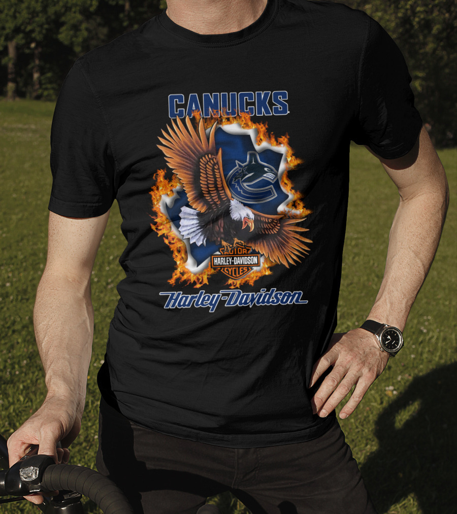 Canucks Harley Davidson Nhl Vancouver Cycles Eagle Flame T-Shirt