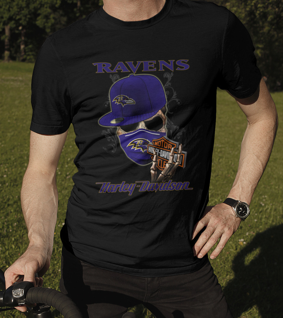 Ravens Harley Davidson Nfl Baltimore Skeleton Mask And Cap T-Shirt