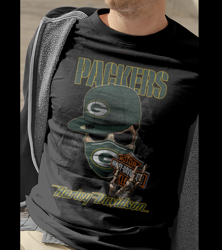 Packers Harley Davidson Skull With Green Bay Packers Cap And Bandana T-Shirt