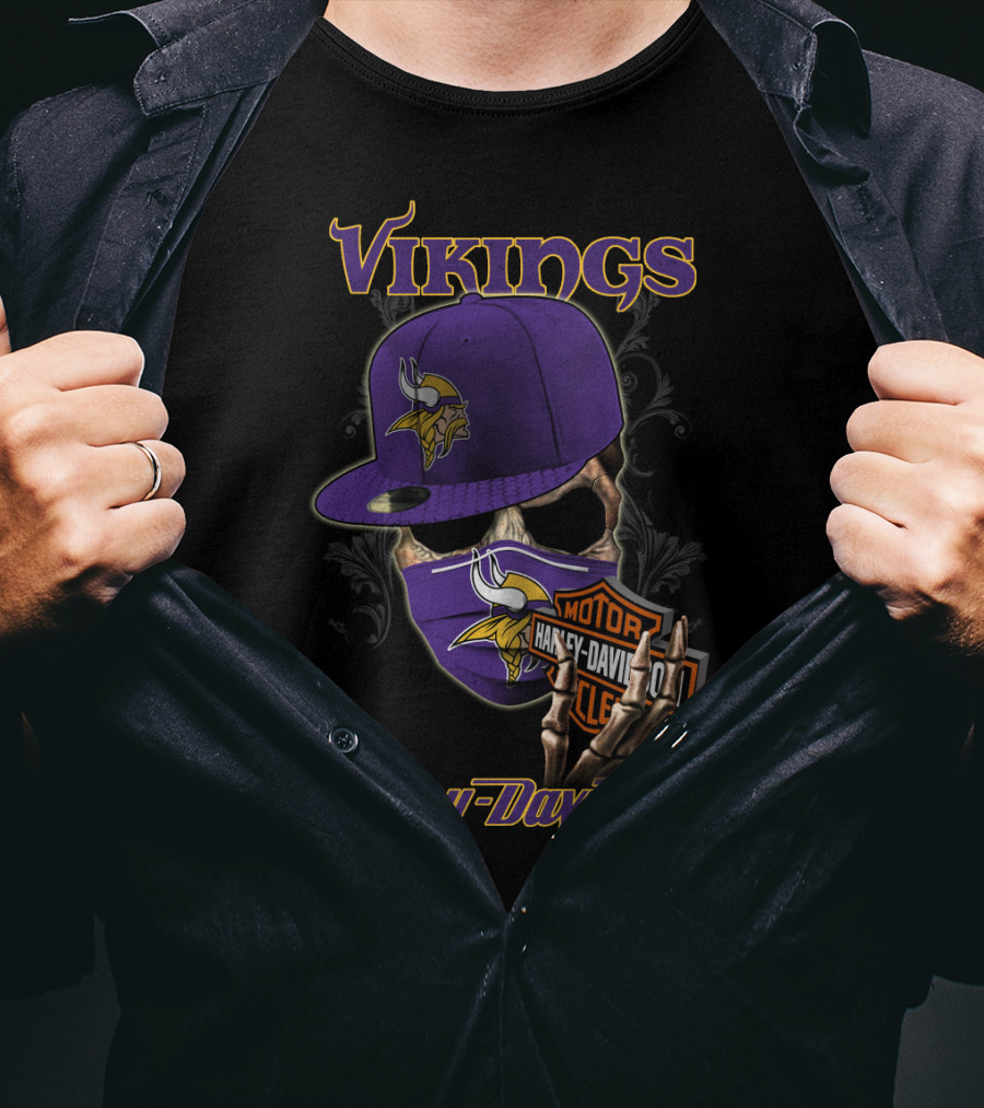 Vikings Harley Davidson Skeleton Wearing Nfl Minnesota Vikings Hat And Mask T-Shirt
