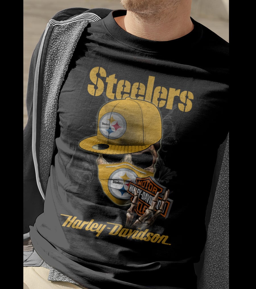 Steelers Harley Davidson Skull With Cap And Motorcycle T-Shirt