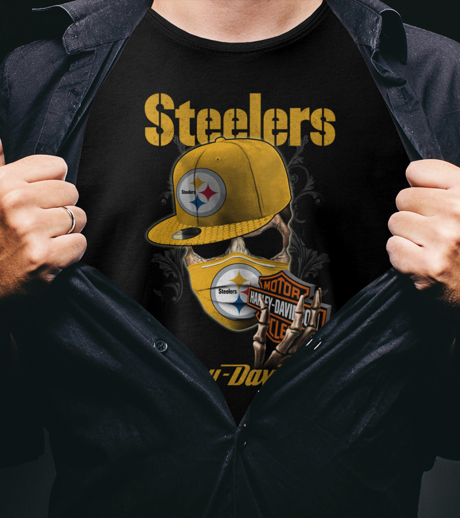 Steelers Harley Davidson Skull With Cap And Motorcycle T-Shirt