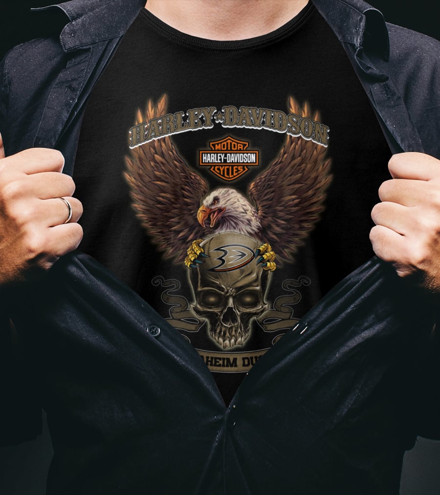 Harley Davidson Motor Cycles Eagle Skull Anaheim Ducks T-Shirt