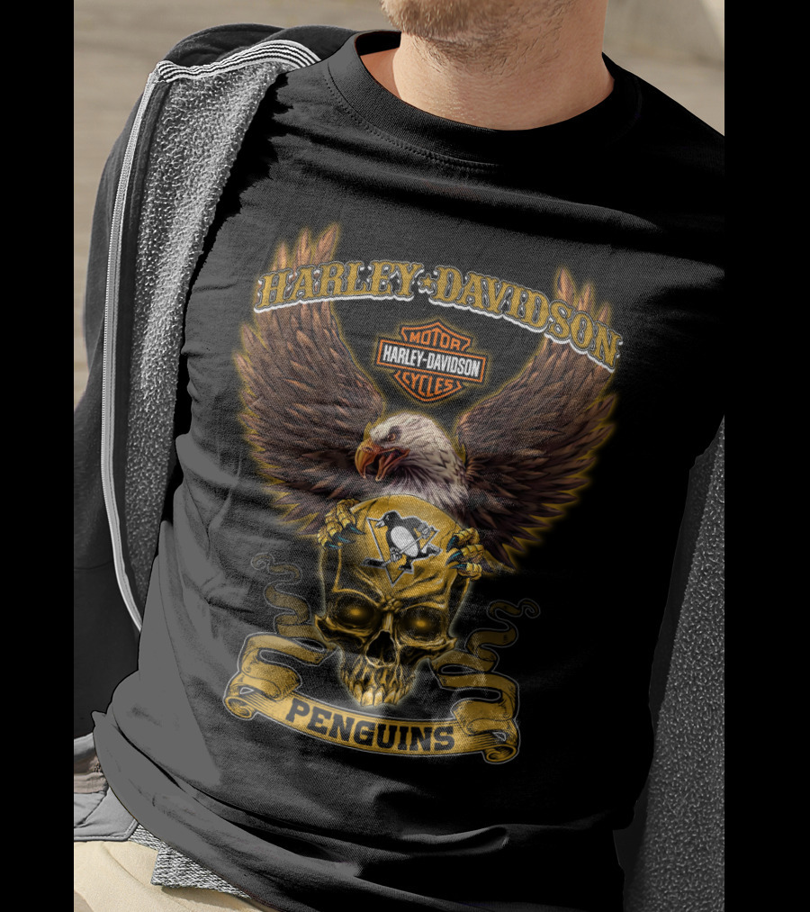Harley Davidson Motor Cycles Pittsburgh Penguins Eagle Skull T-Shirt