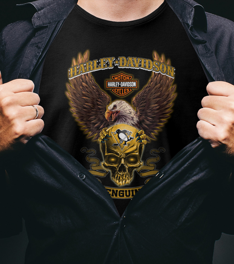 Harley Davidson Motor Cycles Pittsburgh Penguins Eagle Skull T-Shirt