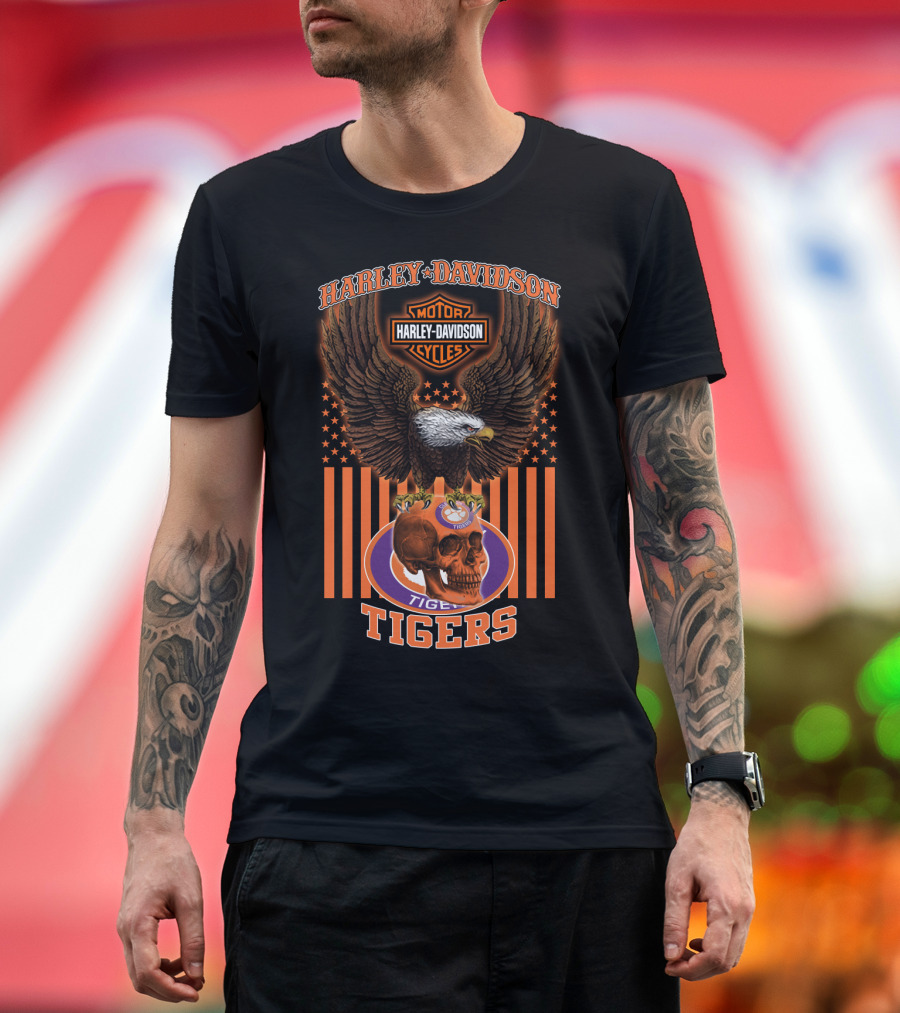 Harley Davidson Motor Cycles Eagle Clemson Tigers Skulls T-Shirt
