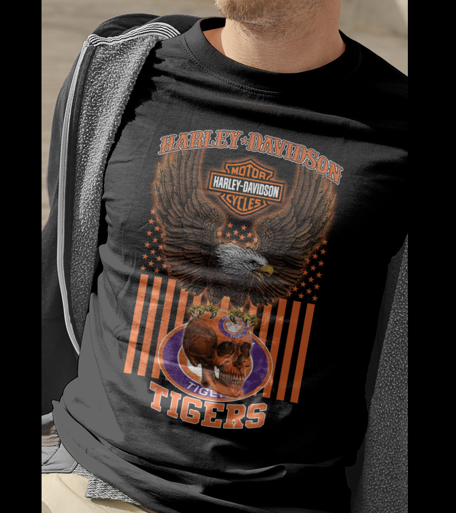 Harley Davidson Motor Cycles Eagle Clemson Tigers Skulls T-Shirt