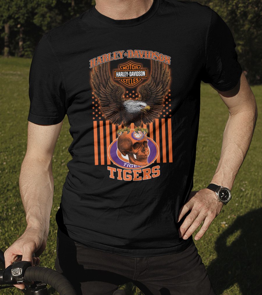 Harley Davidson Motor Cycles Eagle Clemson Tigers Skulls T-Shirt