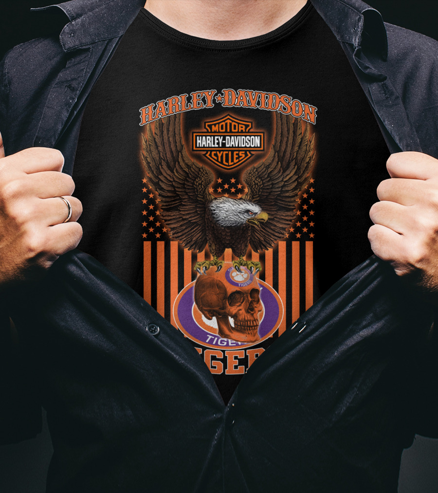 Harley Davidson Motor Cycles Eagle Clemson Tigers Skulls T-Shirt