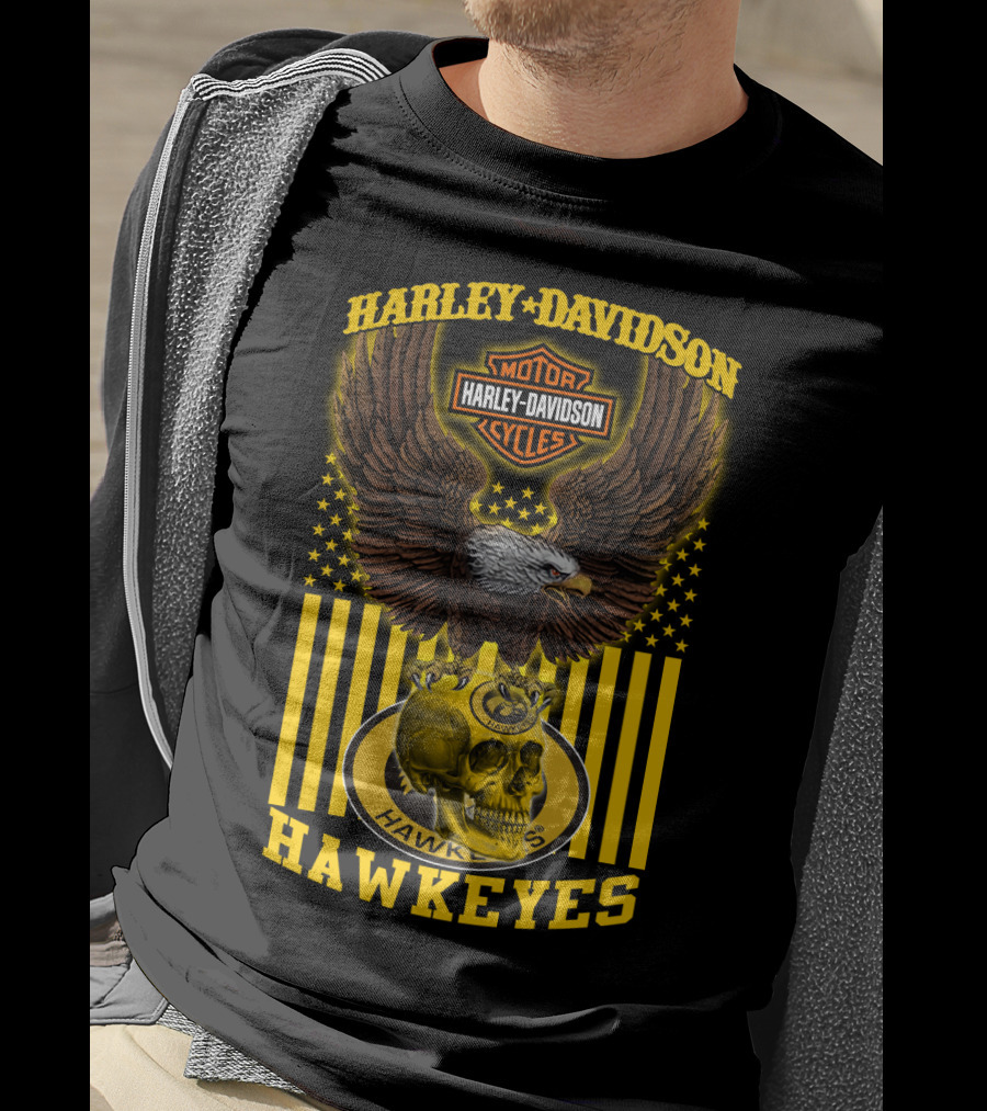 Harley Davidson Motor Cycles Hawkeyes Eagle And Skull T-Shirt