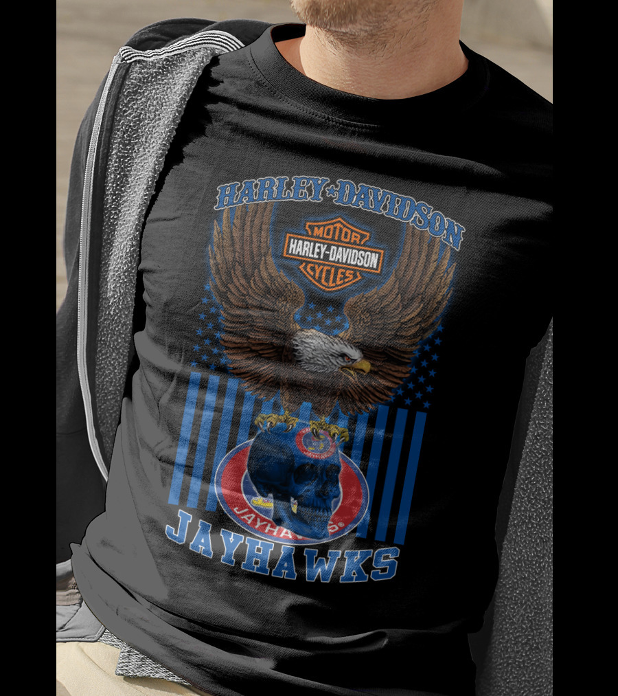 Harley Davidson Motor Cycles Kansas Jayhawks Eagles And Skull T-Shirt