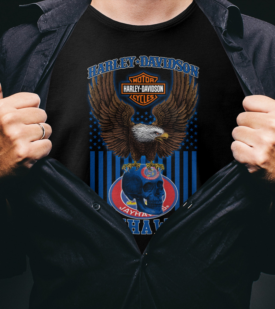 Harley Davidson Motor Cycles Kansas Jayhawks Eagles And Skull T-Shirt