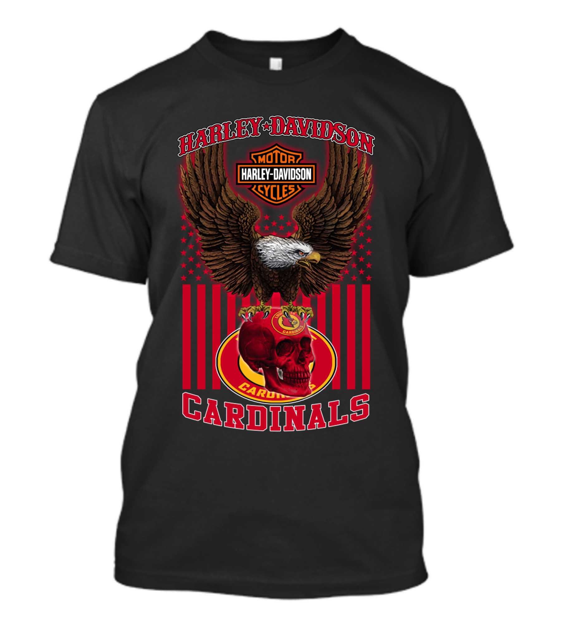 Harley Davidson Motor Cycles Eagle With Louisville Cardinals Skull And Stars T-Shirt