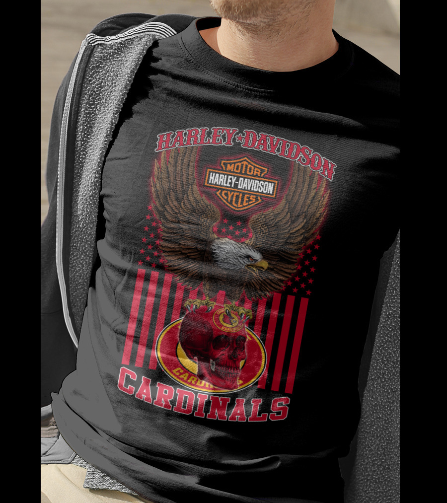 Harley Davidson Motor Cycles Eagle With Louisville Cardinals Skull And Stars T-Shirt