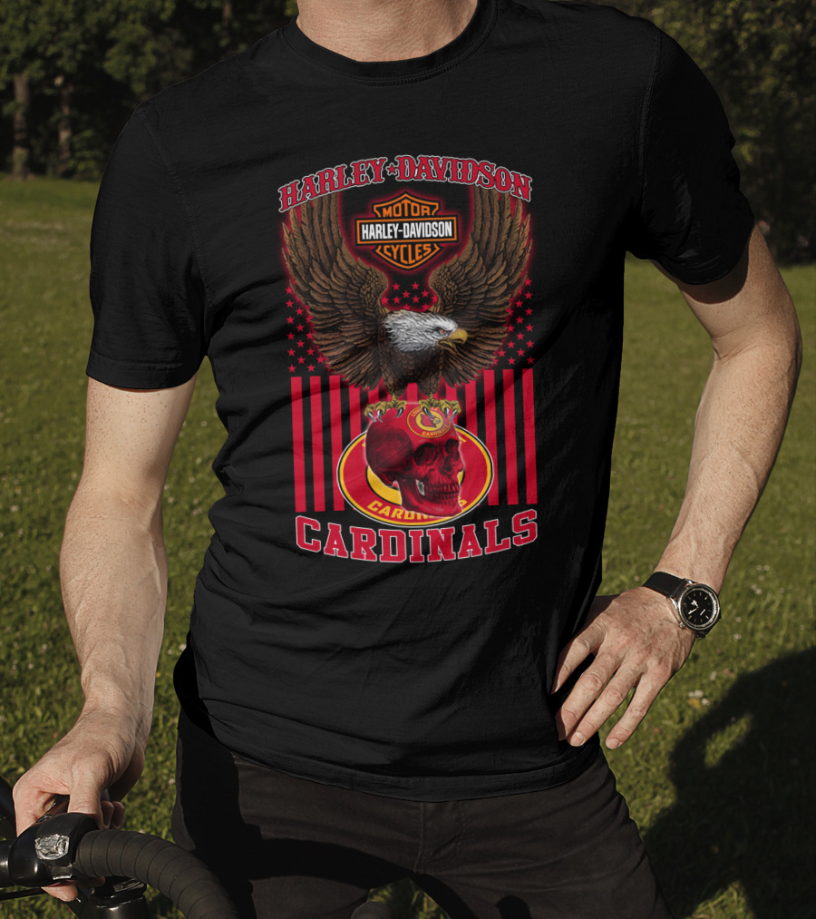 Harley Davidson Motor Cycles Eagle With Louisville Cardinals Skull And Stars T-Shirt
