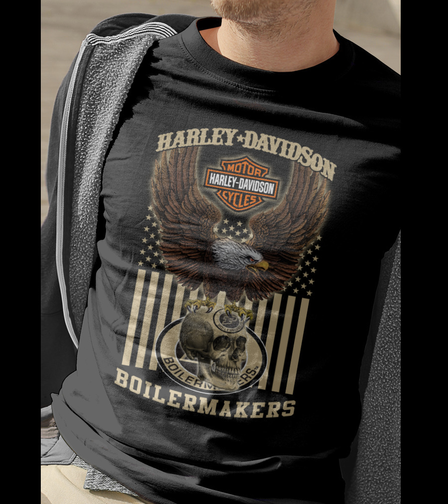 Harley Davidson Motor Cycles Boilermakers Eagle Skull Stars And Stripes T-Shirt