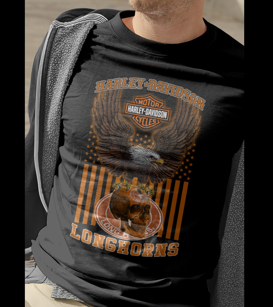 Harley Davidson Motorcycles Texas Longhorns Eagle And Skull T-Shirt