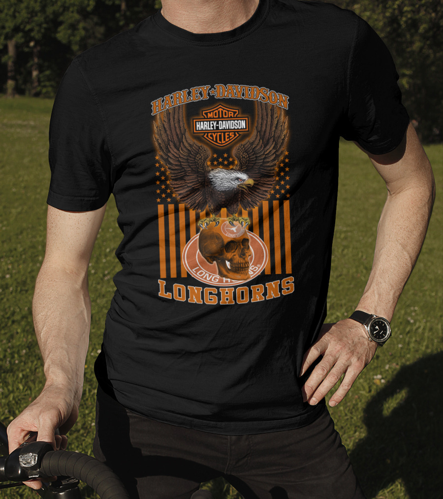 Harley Davidson Motorcycles Texas Longhorns Eagle And Skull T-Shirt